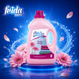 Pink Frida Fabric laundry detergent bottle labeled Spring Breeze, surrounded by pink flowers and a blue splash background.
